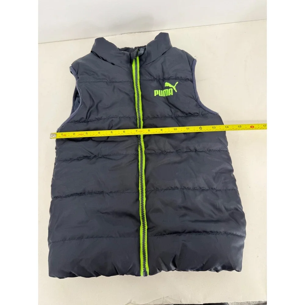 Puma Boys Navy Blue Puffer Vest Lime Green‎ Zip Quilted Sleeveless Jacket Sz 7